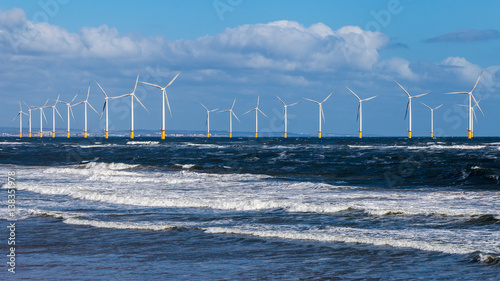 North Sea coast and wind turbines in Redcar, Redcar and Cleveland, UK photo