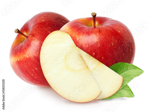 Fototapeta Naklejka Na Ścianę i Meble -  Isolated apples. Two red apple fruit with slices (cut) isolated on white with clipping path