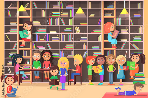 Children Read in the Library Vector Illustration.
