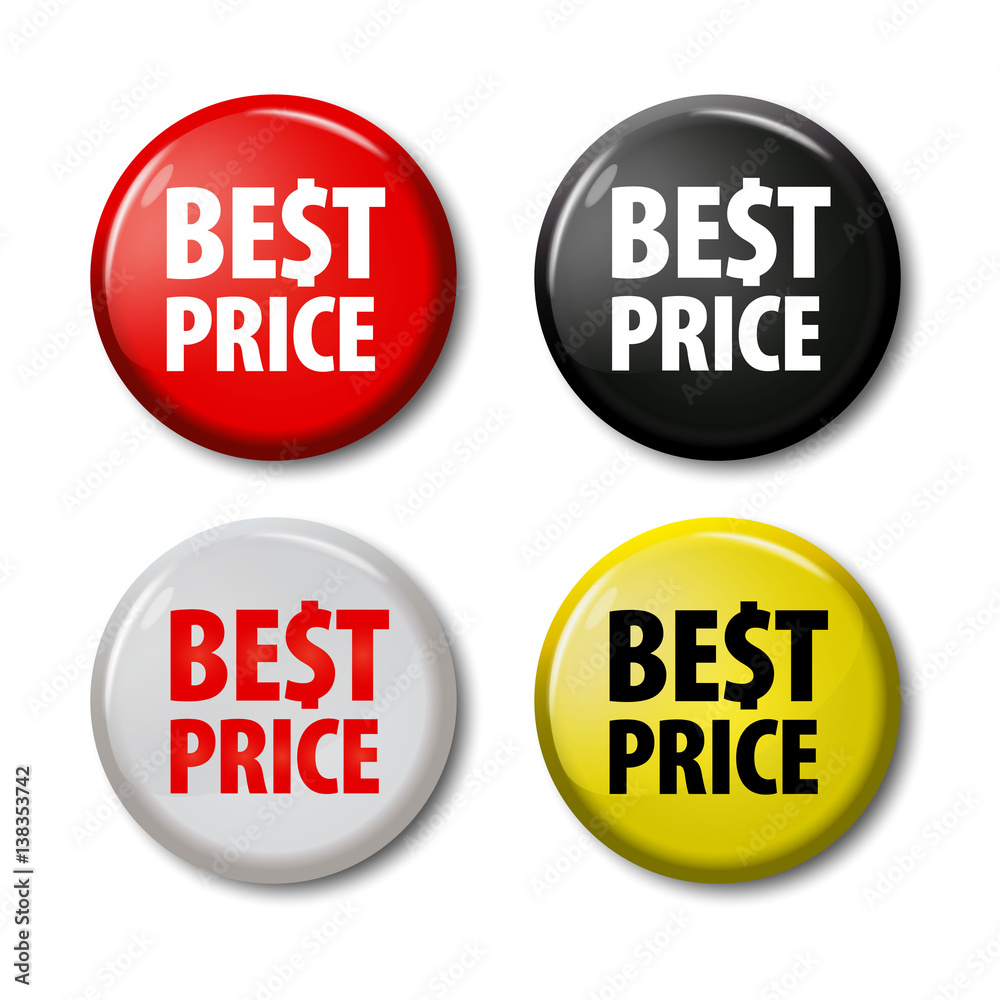 Set of round buttons with words 'Best Price' with S like dollar sign. Four colored circles on white background with shadows. Plastic label with discount offer. Realistic vector illustration. Set of round buttons with words 'Best Price' with S like dollar sign. Four colored circles on white background with shadows. Plastic label with discount offer. Realistic vector illustration.