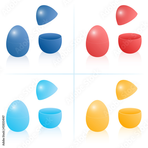 Easter egg boxes, closed and opened to be filled - dark and light blue, red and orange. Three-dimensional isolated vector illustration on white background.