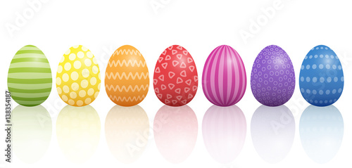 Easter eggs lined up with different colors and patterns. Isolated vector illustration on white background.