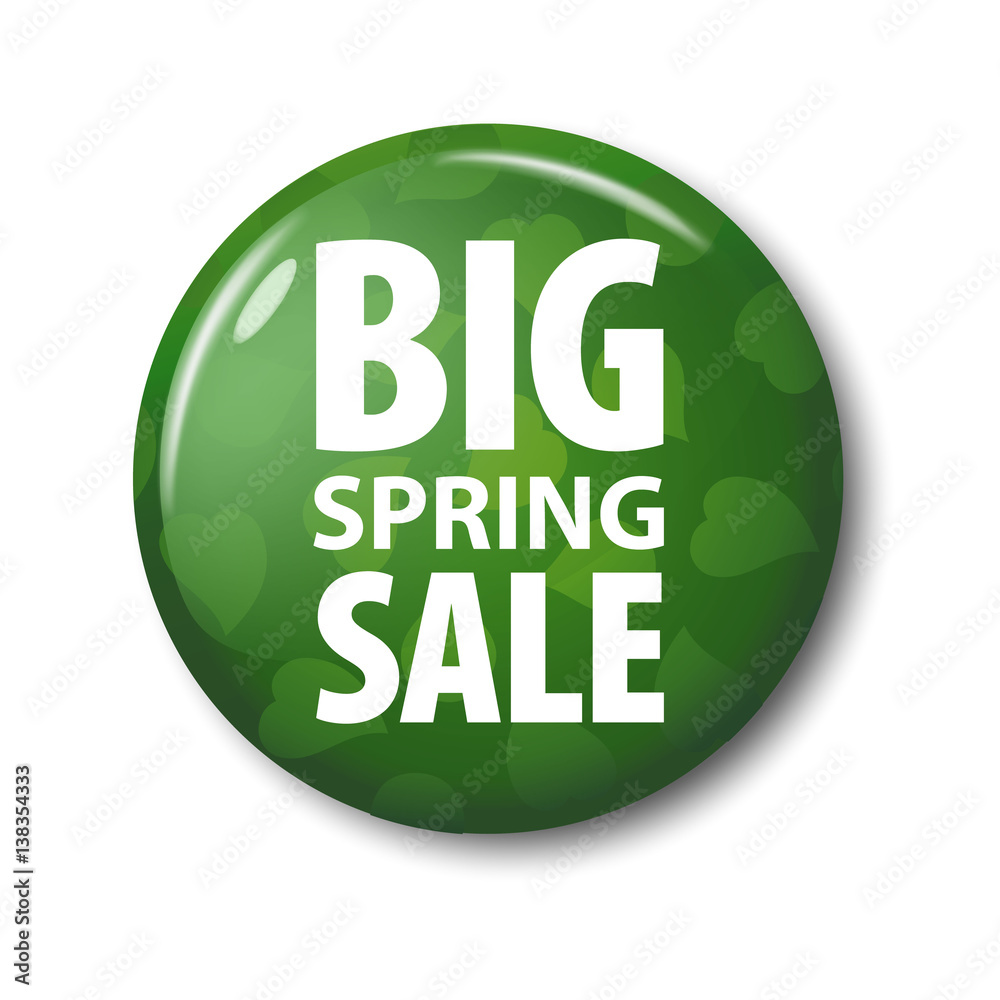 Bright green button with words 'Big Spring Sale' on white background with shadow. Plastic circle label with discount offer. Realistic vector illustration. Bright green button with words 'Big Spring Sale' on white background with shadow. Plastic circle label with discount offer. Realistic vector illustration.