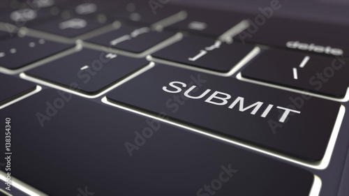 Modern black computer keyboard and luminous submit key. 3D rendering