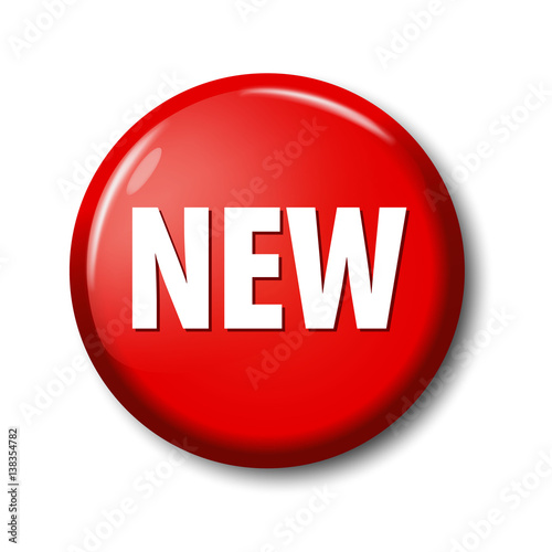 Bright red round button with word 'New'. Circle label for new products in online shops. Design elements on white background with transparent shadow. 