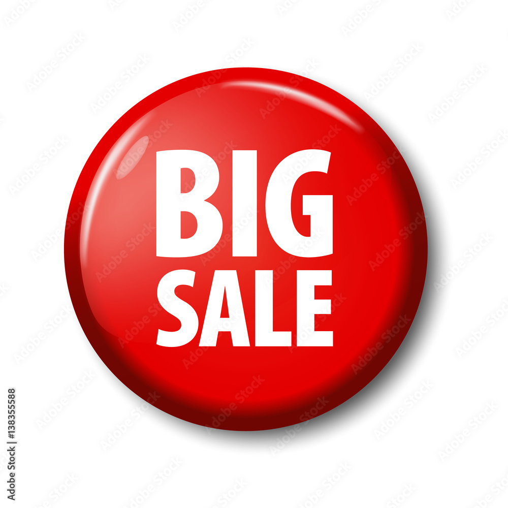 Bright red round button with words 'Big Sale' on white background with shadow. Plastic circle label with discount offer. Realistic vector illustration. Bright red round button with words 'Big Sale' on white background with shadow. Plastic circle label with discount offer. Realistic vector illustration.