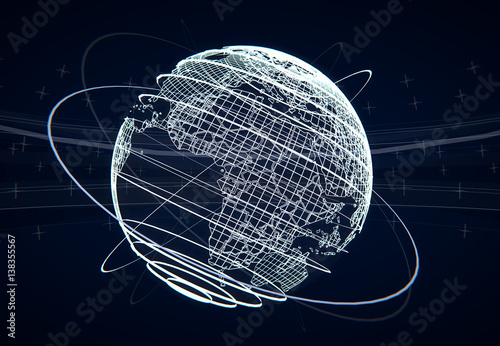 Futuristic world globe illustration with networked lines as space, 3D rendering