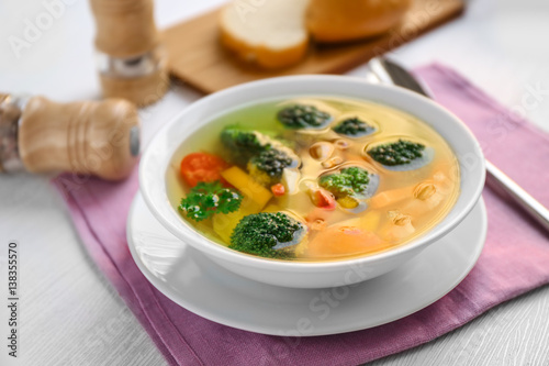 Wallpaper Mural Bowl with vegetable soup on pink napkin Torontodigital.ca