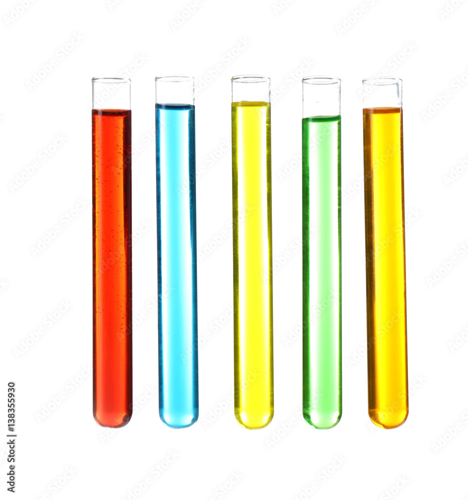 Test tubes with colourful samples isolated on white Test tubes with colourful samples isolated on white