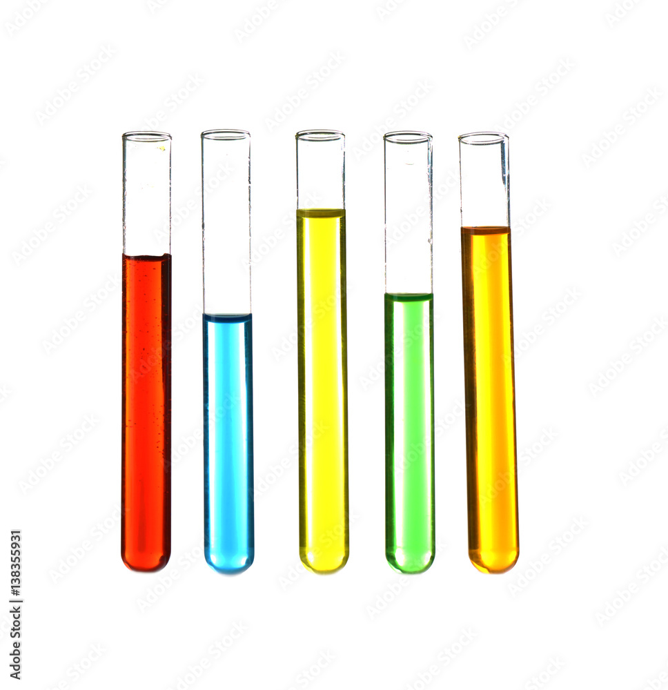 Test tubes with colourful samples isolated on white Test tubes with colourful samples isolated on white