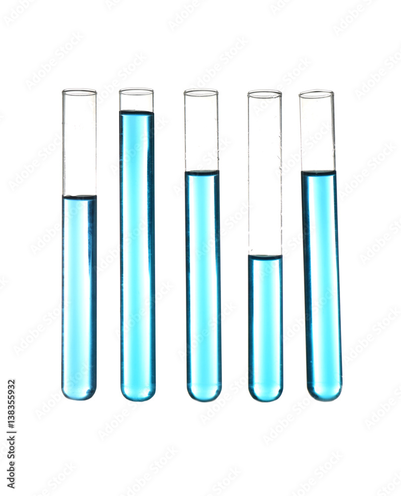 Test tubes with blue samples isolated on white Test tubes with blue samples isolated on white