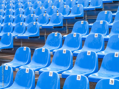 Blue plastic chairs on a tribun, Portugal, Madeira, Funchal