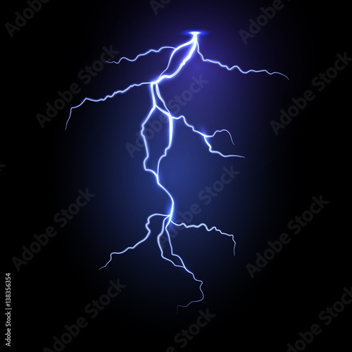 Realistic vector lightning in dark night sky