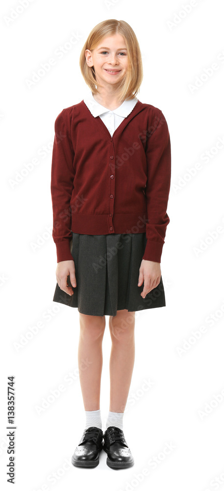 Cute girl in school uniform on white background Cute girl in school uniform on white background
