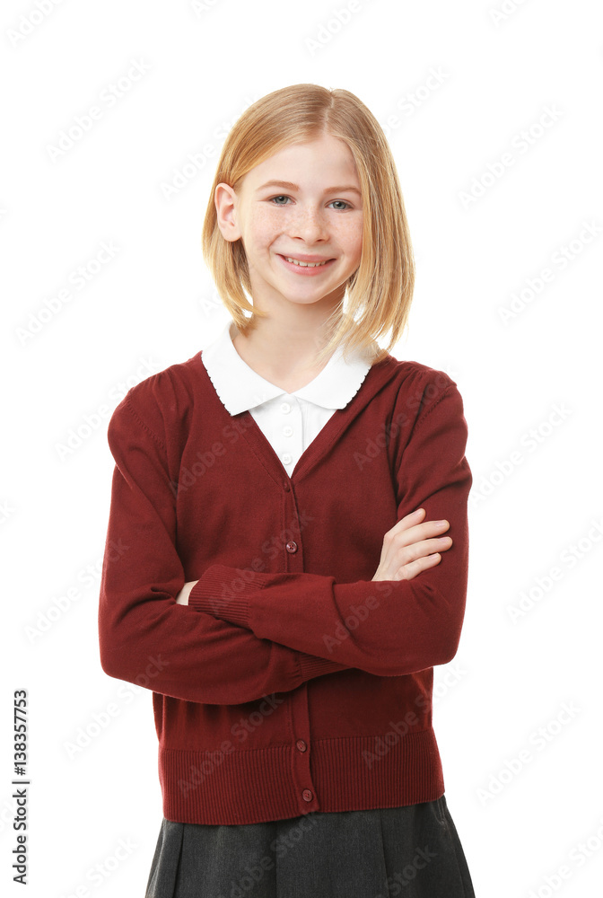Cute girl in school uniform on white background Cute girl in school uniform on white background