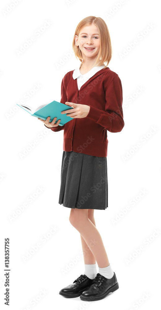 Cute girl in school uniform on white background Cute girl in school uniform on white background