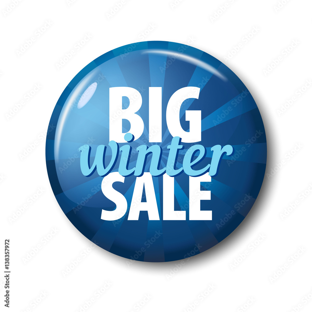 Bright blue round button with words 'Big Winter Sale' on white background with transparent shadow. Plastic circle label with discount offer. Realistic vector illustration. Bright blue round button with words 'Big Winter Sale' on white background with transparent shadow. Plastic circle label with discount offer. Realistic vector illustration.