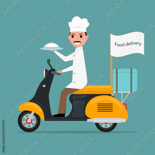 Vector funny cartoon chef cook man scooter food