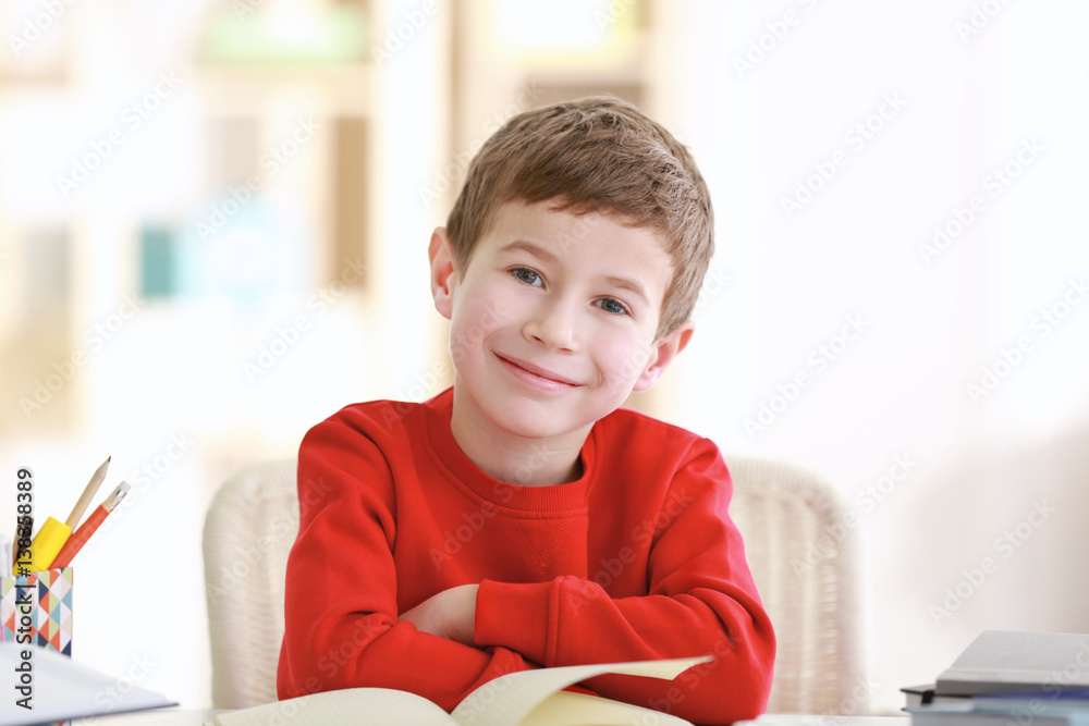 Schoolboy doing homework at table in room Schoolboy doing homework at table in room