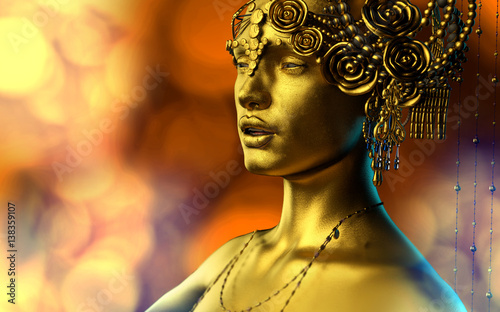 3D Illustration of girl beautiful woman with a Golden face