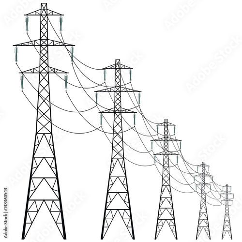 Vector high voltage pylons on white background. Isolated colonnade of metal poles voltage. Surface industrial illustration. Power line pylons with safety locks. Nuclear facilities and power arteries.