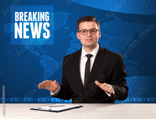 Photography Television presenter in front telling breaking news with blue modern background