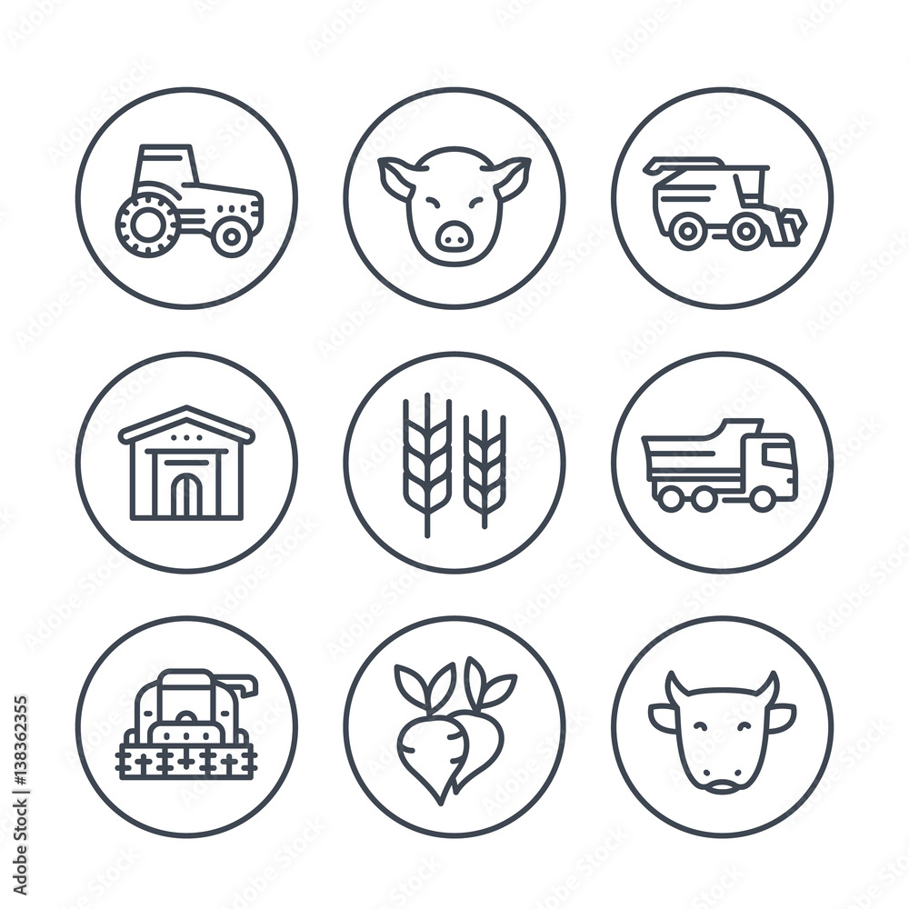 Agriculture and farming line icons in circles over white, tractor, agrimotor, harvest, cattle, agricultural machinery, combine-harvester, barn Agriculture and farming line icons in circles over white, tractor, agrimotor, harvest, cattle, agricultural machinery, combine-harvester, barn