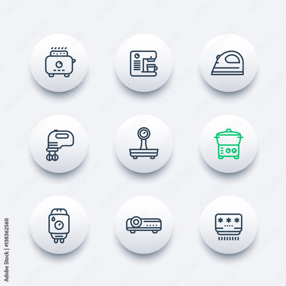 Appliances, consumer electronics line icons set, toaster, coffee machine, blender, flatiron, mixer, steamer, home boiler, air conditioner