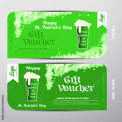 Blank of vector gift voucher for Happy St. Patrick s Day with gradient green background  free goblet of cold beer.
