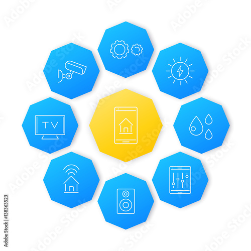 Smart House line icons set, pictograms on octagon shapes