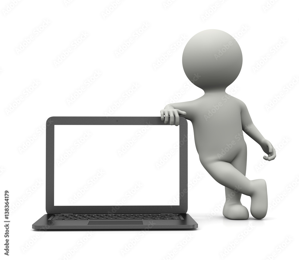 White 3D Character Leaned on a Laptop Computer White 3D Character Leaned on a Laptop Computer