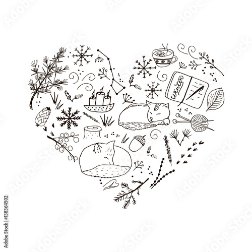 Cozy winter hand drawn elements in a form of heart.