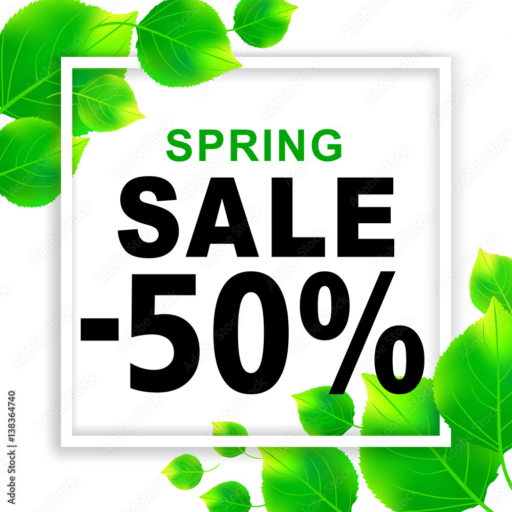 Spring sale -50% season discounts banner with paper frame and leaves. Shop market poster design. Vector illustration. Spring sale -50% season discounts banner with paper frame and leaves. Shop market poster design. Vector illustration.