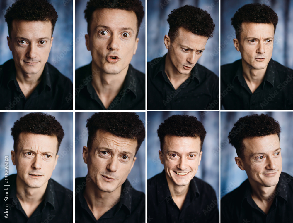 Fototapeta premium Osiem w jednym obrazie brunetki wyrażającego różne emocje na twarzy