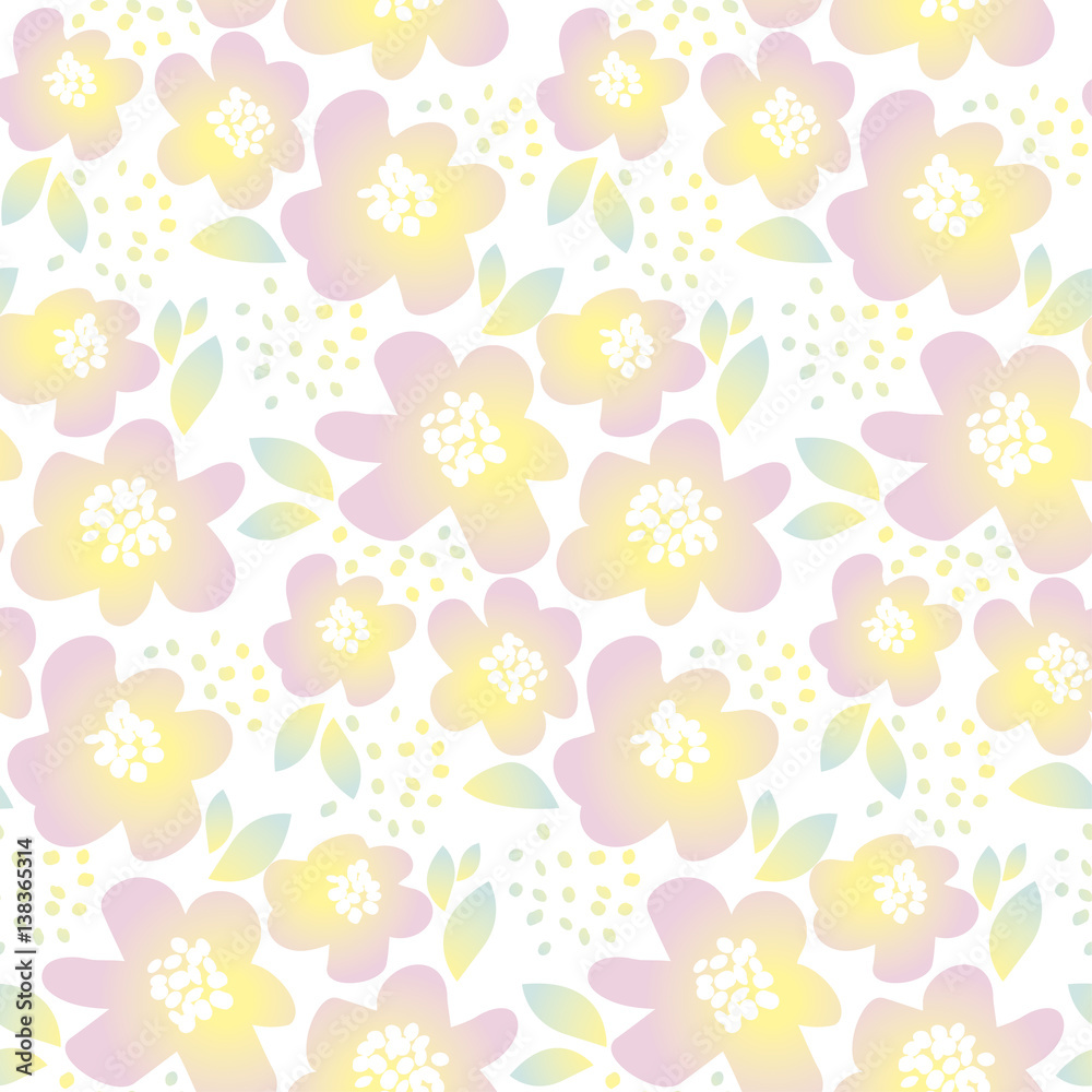 Fototapeta tender color floral vector illustration in retro 60s style. abstract hand drawn flowers seamless pattern for fabric, wrapping paper, baby projects.