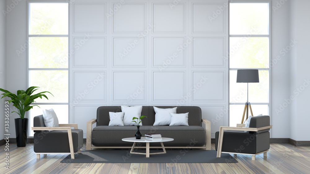 Fototapeta premium Moder interior, white room and black furniture on old wood floor /3d render