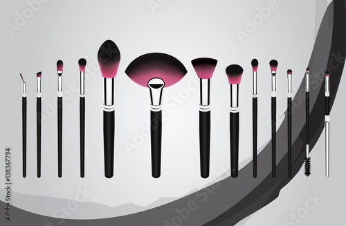Vector illustration concept of a set of makeup cosmetic brushes with Grundge pink brush stroke circle on background.