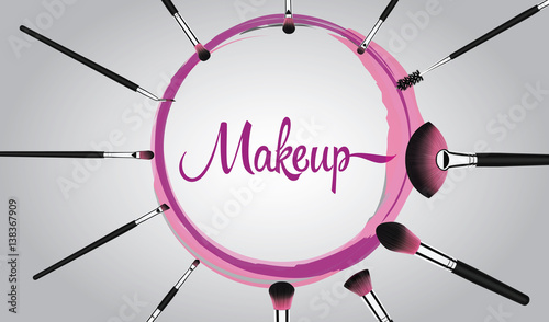 Vector illustration concept of a set of makeup cosmetic brushes with Grundge pink brush stroke circle on background.