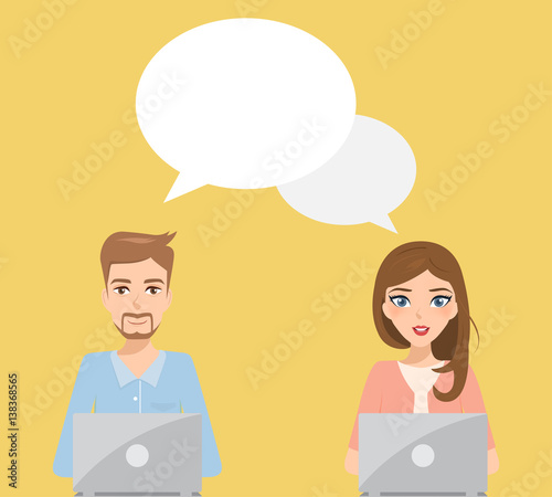 business man and business woman using computer to communication or talking.