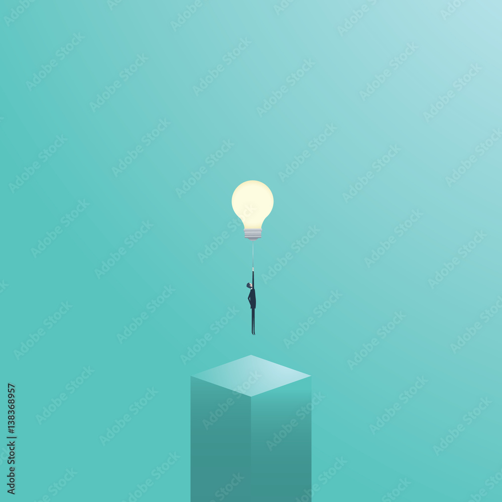 Businessman flying on a lightbulb as a symbol of business creativity. Creative solutions vector concept. - obrazy, fototapety, plakaty 