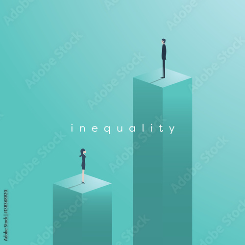 Gender inequality issues concept vector illustration. Businessman and businesswoman at different levels in corporate business regarding salary, wage, position, opportunities.