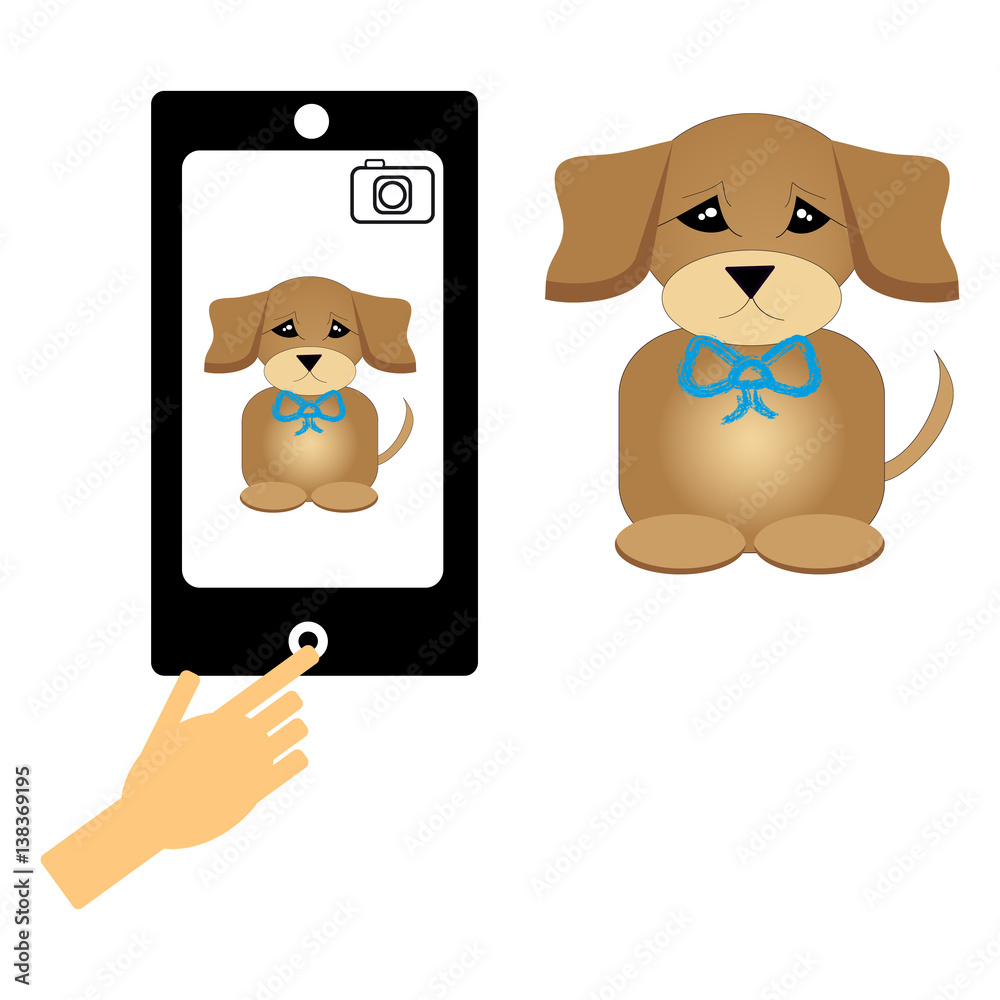 Cell phone and puppy on white background