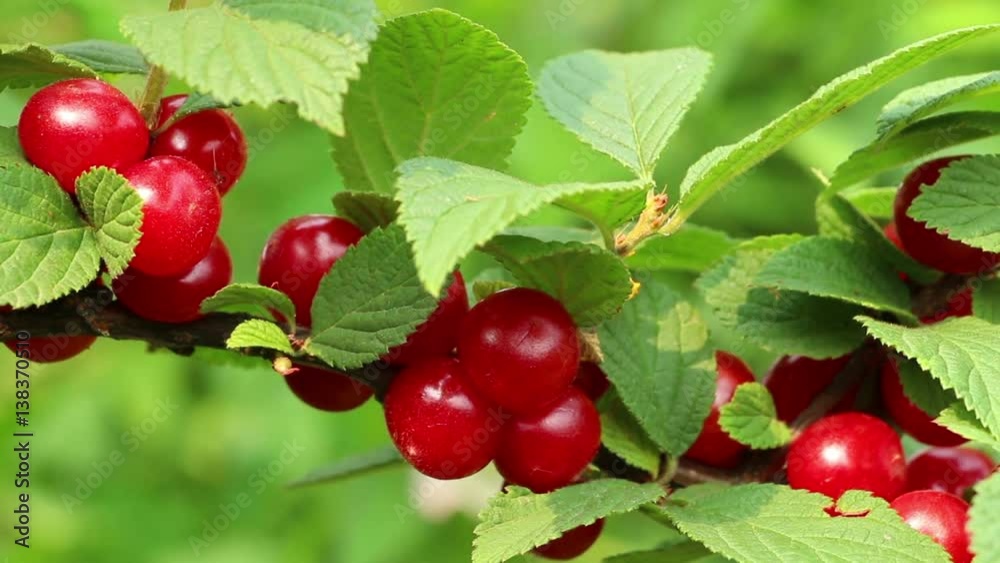 The Chinese bush silken downy cherry colorful sweet mellow berries on green leafage background. Focus on the down on berry. The Chinese bush silken downy cherry colorful sweet mellow berries on green leafage background. Focus on the down on berry.