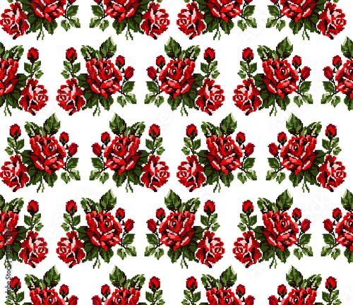 Seamless. Pattern. Color bouquet of flowers roses using traditional Ukrainian embroidery elements. Can be used as pixel-art, card, emblem, icon. Red and green tones.