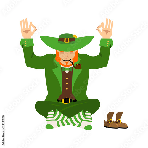 Irish Yoga. Leprechaun meditation. Dwarf with red beard enlightenment and Zen. St.Patrick 's Day. Holiday in Ireland