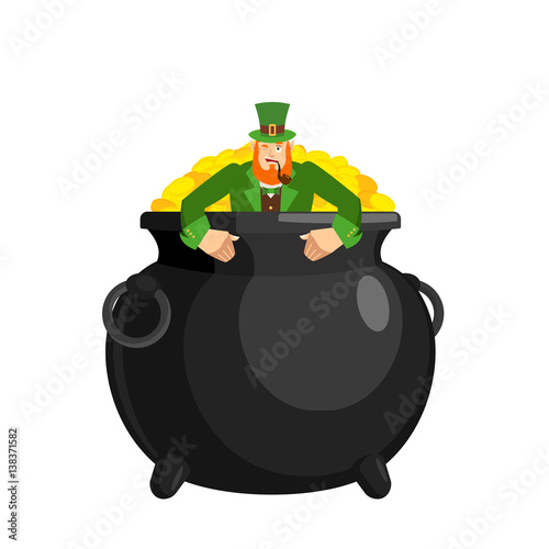 Leprechaun in pot gold. Dwarf with red beard and bowler golded coins. Legendary treasures for lucky. St.Patrick 's Day. Holiday in Ireland