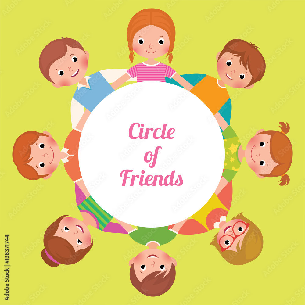 Happy funny kids, girls and boys in the circle of friends Happy funny kids, girls and boys in the circle of friends