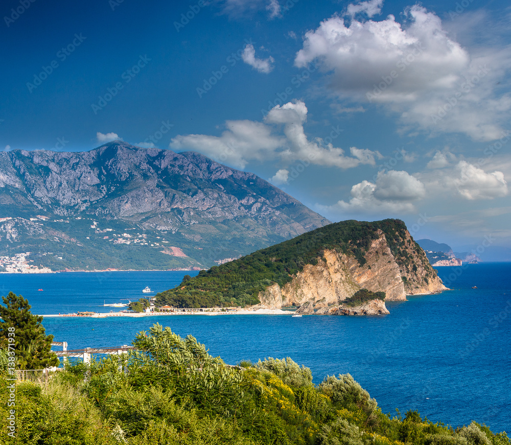 View of Sveti Nikola island and budva riviera. Montenegro, Adriatic sea, Europe.