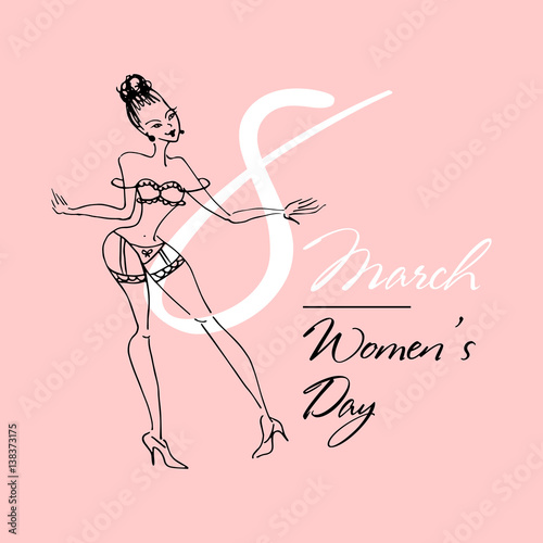 8 March Design card with flirty girl. International Women's Day Background. Vector illustration