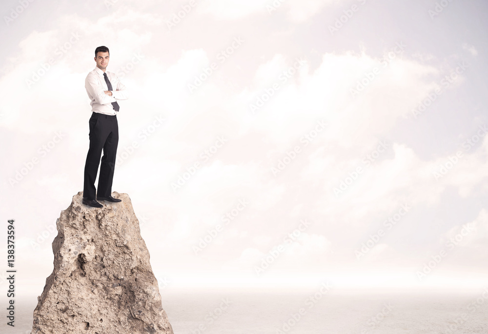 Happy businessman standing on cliff Happy businessman standing on cliff